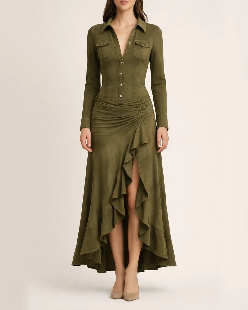 Women's Fall/Winter Slim-Fit Zipper Stand Collar Slit Maxi Dress with Long Sleeves | JRSEE:5b60de97-71b2-4dde-bdff-d064e3f610c3
