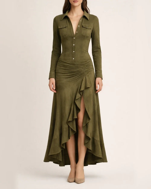 Women's Fall/Winter Slim-Fit Zipper Stand Collar Slit Maxi Dress with Long Sleeves | JRSEE:5b60de97-71b2-4dde-bdff-d064e3f610c3