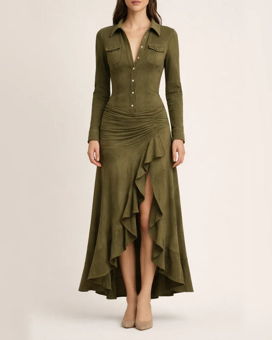 Women's Fall/Winter Slim-Fit Zipper Stand Collar Slit Maxi Dress with Long Sleeves | JRSEE:5b60de97-71b2-4dde-bdff-d064e3f610c3