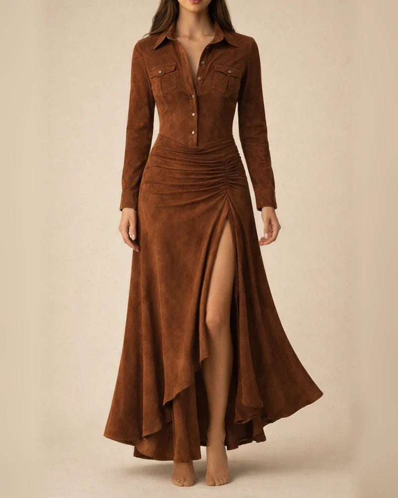 Women's Fall/Winter Slim-Fit Zipper Stand Collar Slit Maxi Dress with Long Sleeves | JRSEE:493002c2-b589-4ecd-8fd6-0b65f6af7e03