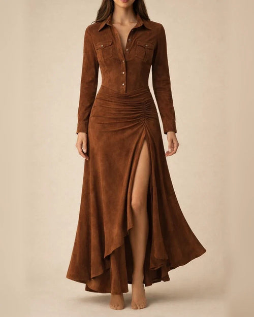 Women's Fall/Winter Slim-Fit Zipper Stand Collar Slit Maxi Dress with Long Sleeves | JRSEE:493002c2-b589-4ecd-8fd6-0b65f6af7e03