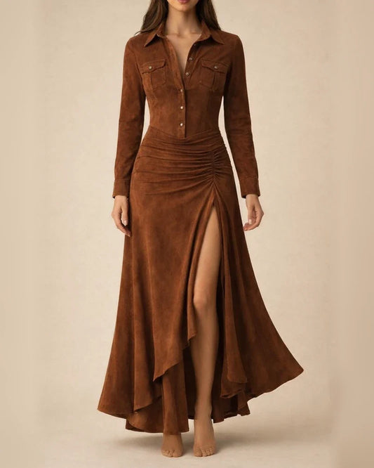 Women's Fall/Winter Slim-Fit Zipper Stand Collar Slit Maxi Dress with Long Sleeves | JRSEE:493002c2-b589-4ecd-8fd6-0b65f6af7e03