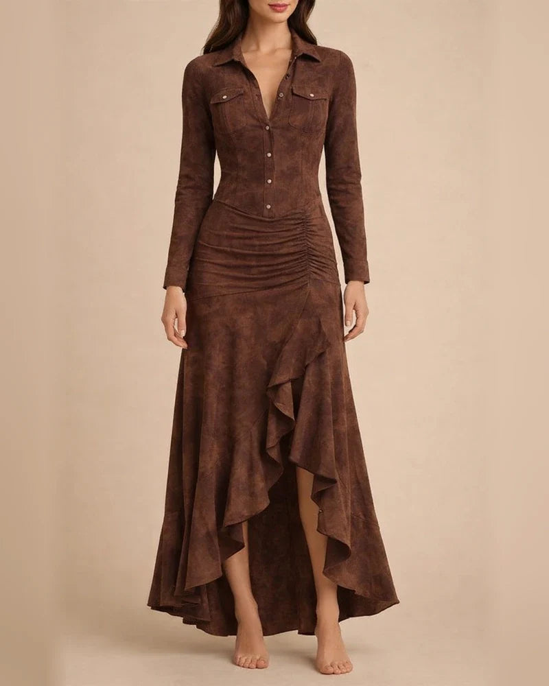 Women's Fall/Winter Slim-Fit Zipper Stand Collar Slit Maxi Dress with Long Sleeves | JRSEE:cc316de4-8528-4d7c-a2d2-f27612f43264