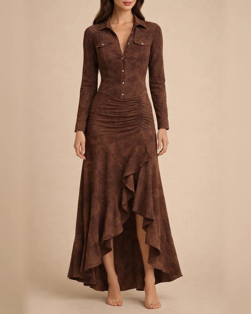 Women's Fall/Winter Slim-Fit Zipper Stand Collar Slit Maxi Dress with Long Sleeves | JRSEE:cc316de4-8528-4d7c-a2d2-f27612f43264
