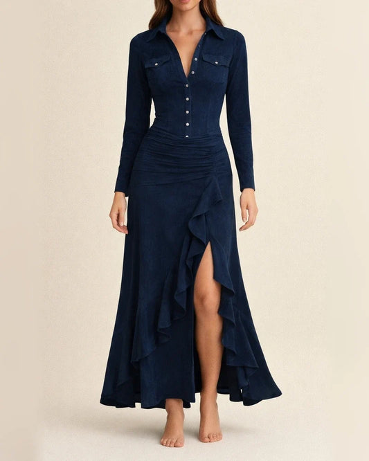 Women's Fall/Winter Slim-Fit Zipper Stand Collar Slit Maxi Dress with Long Sleeves | JRSEE:843bbbfc-9de9-4127-91b7-d028cfc50500