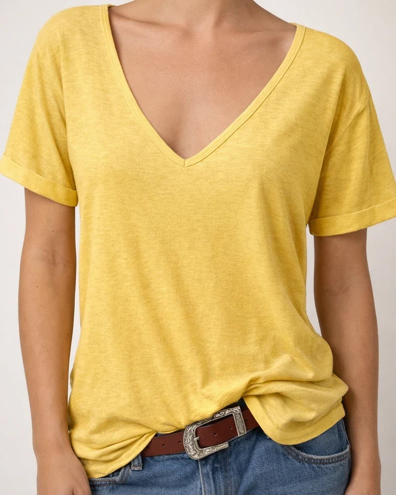 Women's Fashion Deep V-neck Short-sleeved Tops Solid Color Casual Loose Short-sleeved | JRSEE:96113ecc-5f02-4e7a-ada5-ea05765a8eaa