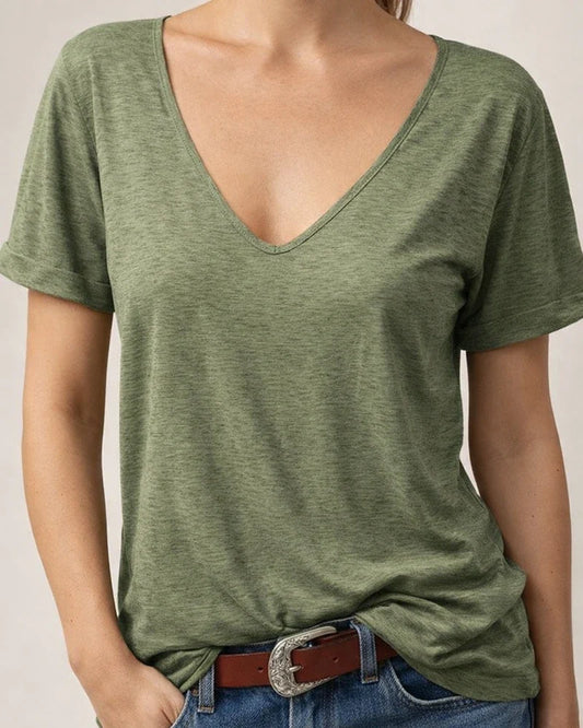 Women's Fashion Deep V-neck Short-sleeved Tops Solid Color Casual Loose Short-sleeved | JRSEE:708039f9-65eb-4b2f-9062-ea5429f7c9a8