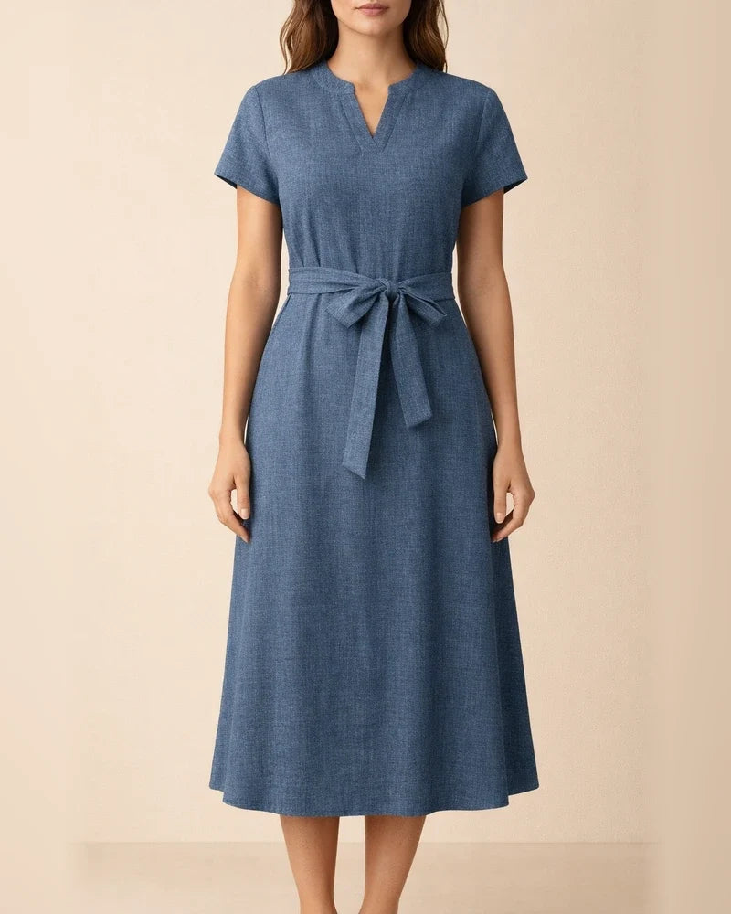 Women's Fashion Midi Dress: V-neck Solid Color Short-Sleeve Bow Dress | JRSEE:e9479248-51e4-40da-9486-4143c16a4db8