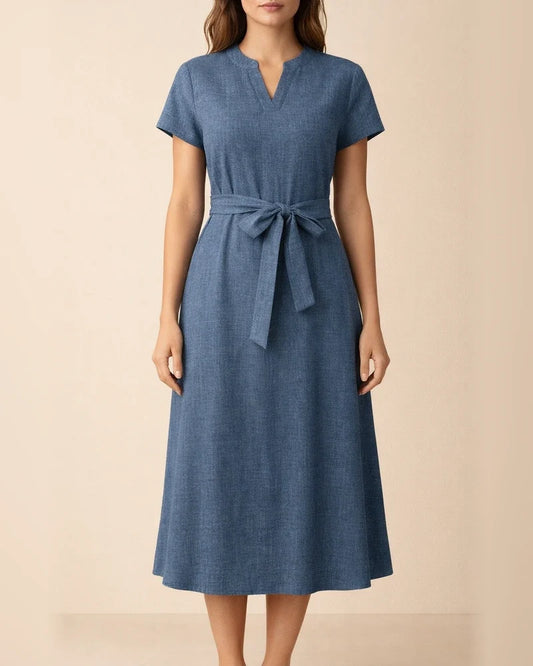 Women's Fashion Midi Dress: V-neck Solid Color Short-Sleeve Bow Dress | JRSEE:e9479248-51e4-40da-9486-4143c16a4db8