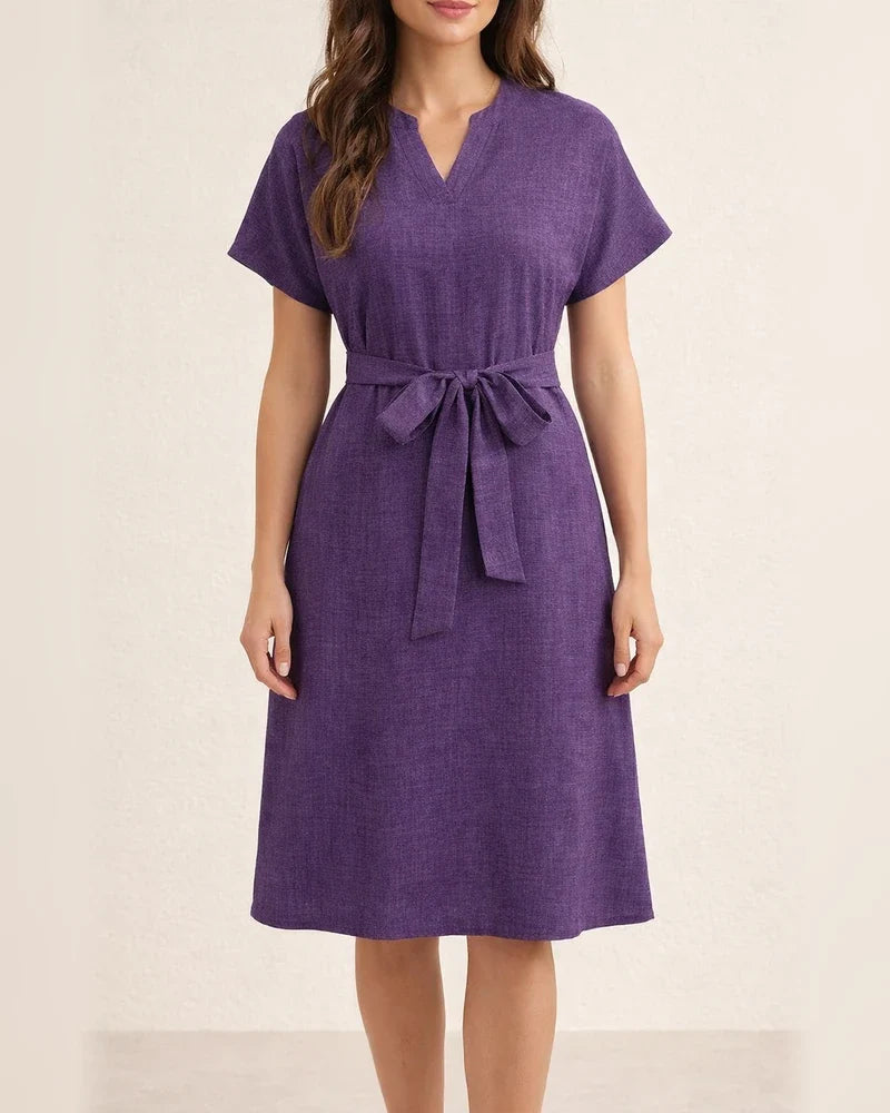 Women's Fashion Midi Dress: V-neck Solid Color Short-Sleeve Bow Dress | JRSEE:5c565cc4-0f02-4cbd-84c7-48da656773b4