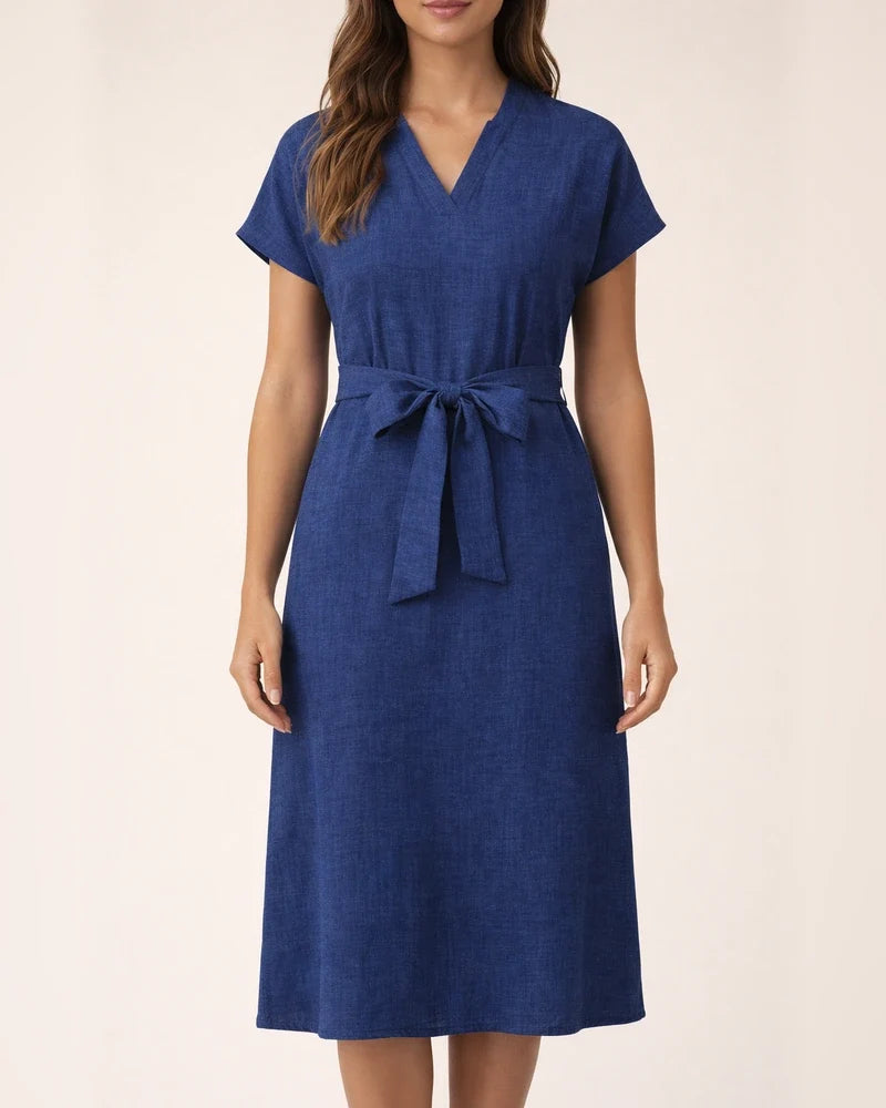 Women's Fashion Midi Dress: V-neck Solid Color Short-Sleeve Bow Dress | JRSEE:bef74bd3-3672-4251-83bb-9021e8039a86