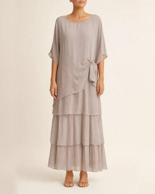 Women's Fashion New Chiffon Mesh Bat Sleeve Round Neck Long Dresses Five-quarter Sleeve Cake Skirt | JRSEE:03e07acd-862c-445d-95bf-b6707fc67f8a