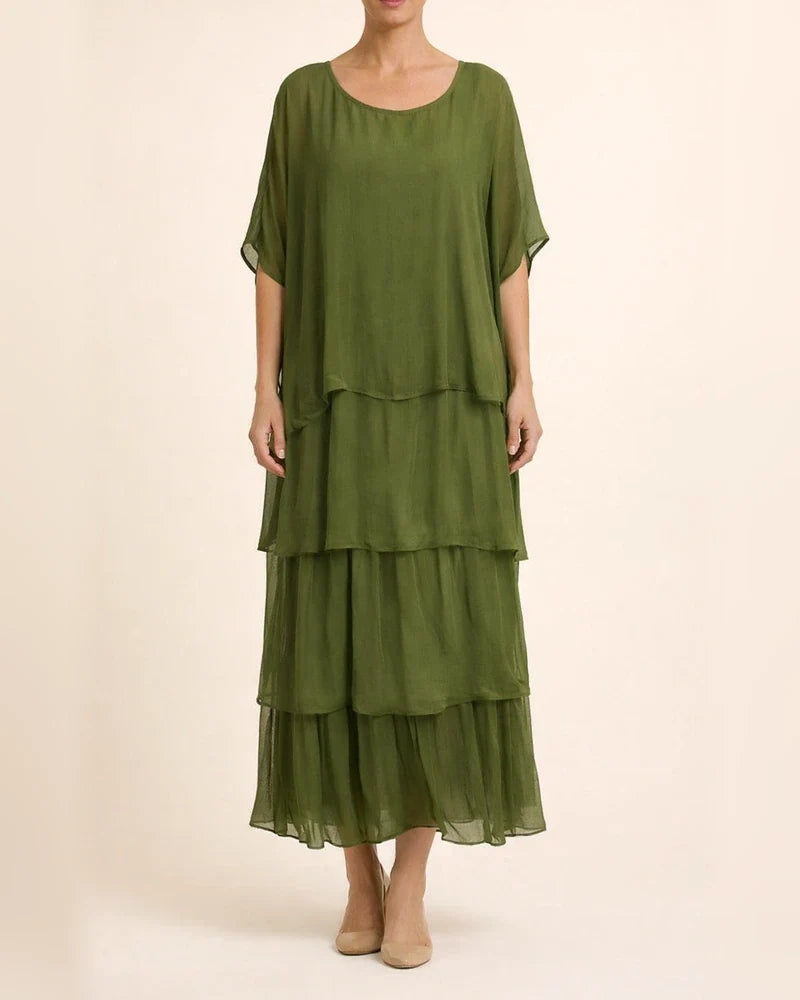 Women's Fashion New Chiffon Mesh Bat Sleeve Round Neck Long Dresses Five-quarter Sleeve Cake Skirt | JRSEE:cccabb95-f06a-4cae-a660-0edd5c0397de