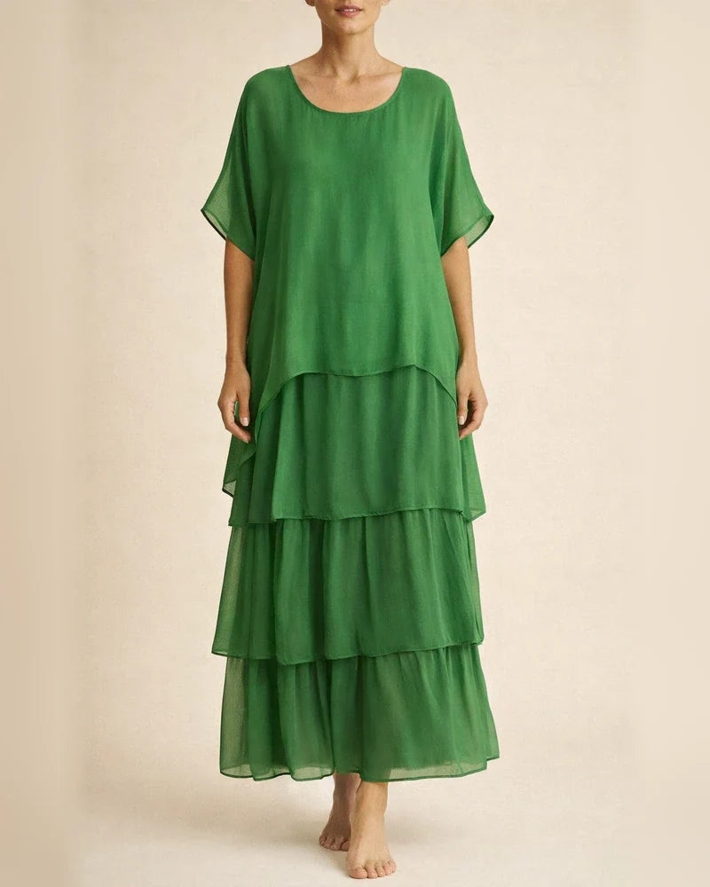 Women's Fashion New Chiffon Mesh Bat Sleeve Round Neck Long Dresses Five-quarter Sleeve Cake Skirt | JRSEE:f0f20b25-8e48-4a39-a79b-699d862244fb