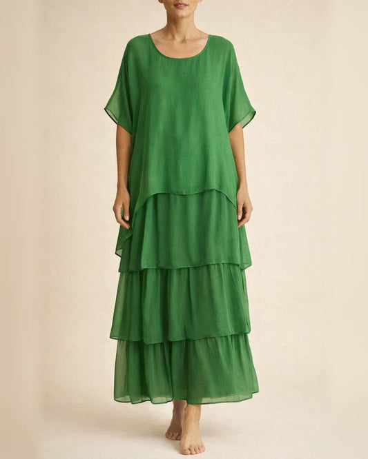Women's Fashion New Chiffon Mesh Bat Sleeve Round Neck Long Dresses Five-quarter Sleeve Cake Skirt | JRSEE:f0f20b25-8e48-4a39-a79b-699d862244fb