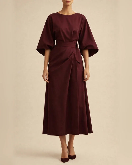 Women's Fashion Temperament Solid Color Waisted Dresses Casual Bat Sleeve Long Dress | JRSEE:41aae903-8228-4364-852b-6455efb8b110