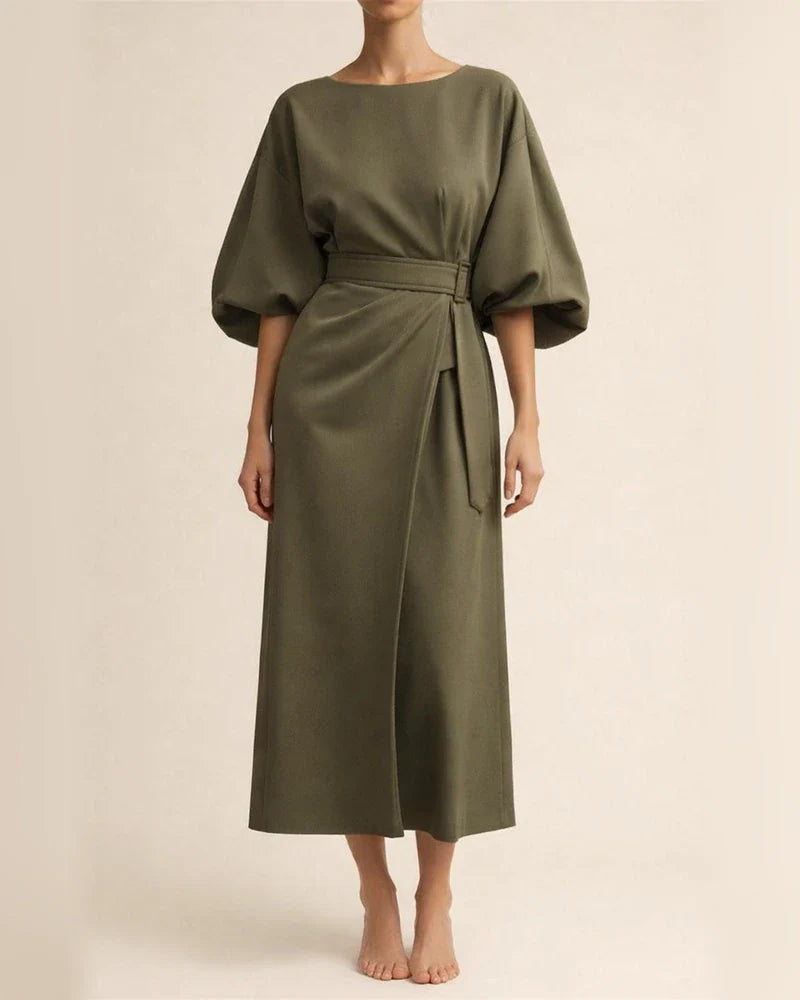 Women's Fashion Temperament Solid Color Waisted Dresses Casual Bat Sleeve Long Dress | JRSEE:aefb3698-559c-4a52-8a33-d9ba9a68a0ac