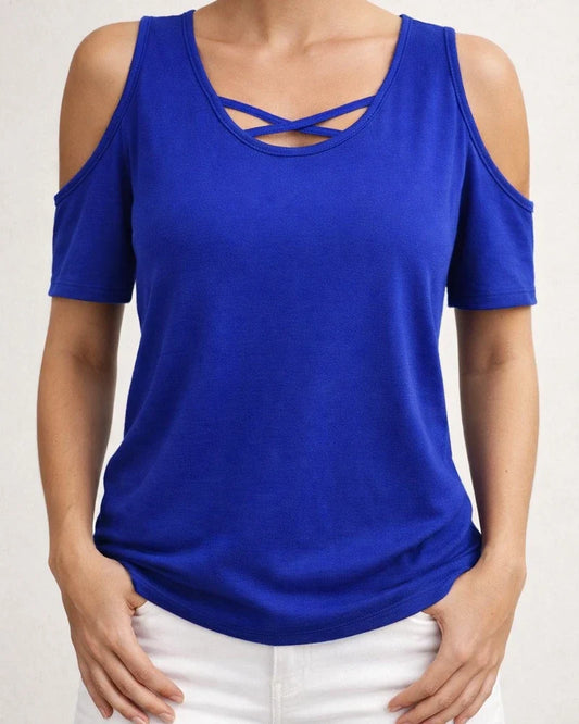 Women's Fashionable Casual Solid-Color Off-the-Shoulder Loose-Fit Short-Sleeve T-Shirt | JRSEE:be374752-62b9-46de-b5d3-150ac2f93557