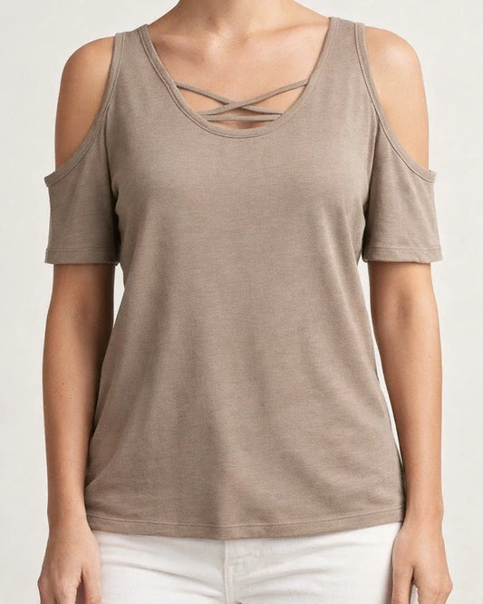 Women's Fashionable Casual Solid-Color Off-the-Shoulder Loose-Fit Short-Sleeve T-Shirt | JRSEE:b5949387-7b6e-451d-9bef-1da359b36eb3