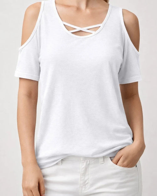 Women's Fashionable Casual Solid-Color Off-the-Shoulder Loose-Fit Short-Sleeve T-Shirt | JRSEE:d6781928-28f9-41de-b792-3a3d1a739c87
