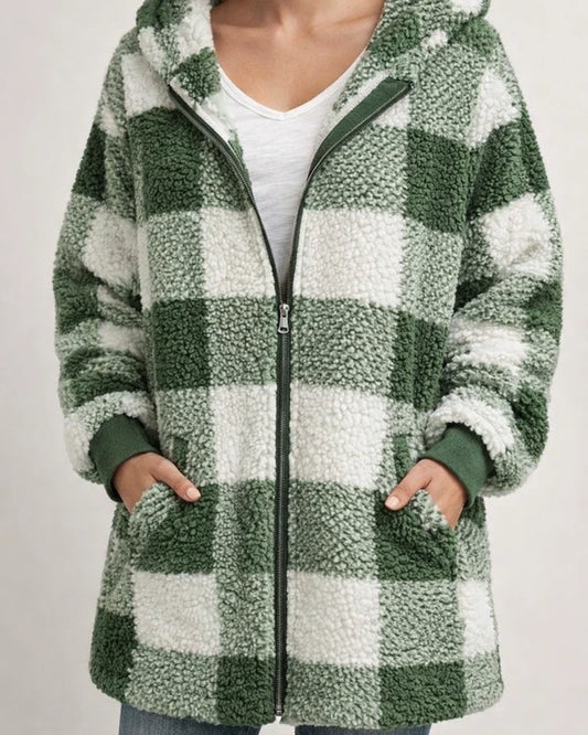 Women's Fleece Jacket Basic Pocket Zip Up Green Black Blue Plaid Street Hoodie Long Sleeve Fleece S M L XL 2XL 3XL | JRSEE:3525723f-e259-472a-883a-c490826adfc7