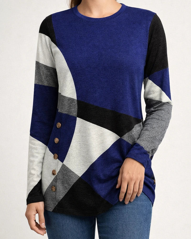 Women's Geometric Color-Block Long-Sleeve Printed Relaxed Button-Up T-Shirt | JRSEE:e24a68b8-79e6-48b0-b07a-f891643fc1db