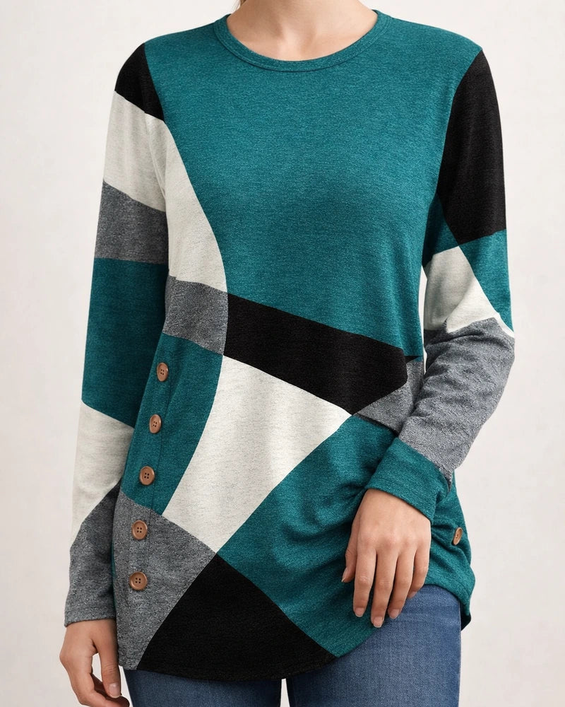 Women's Geometric Color-Block Long-Sleeve Printed Relaxed Button-Up T-Shirt | JRSEE:b01c6af1-613c-4d18-8460-212c4de43cd5