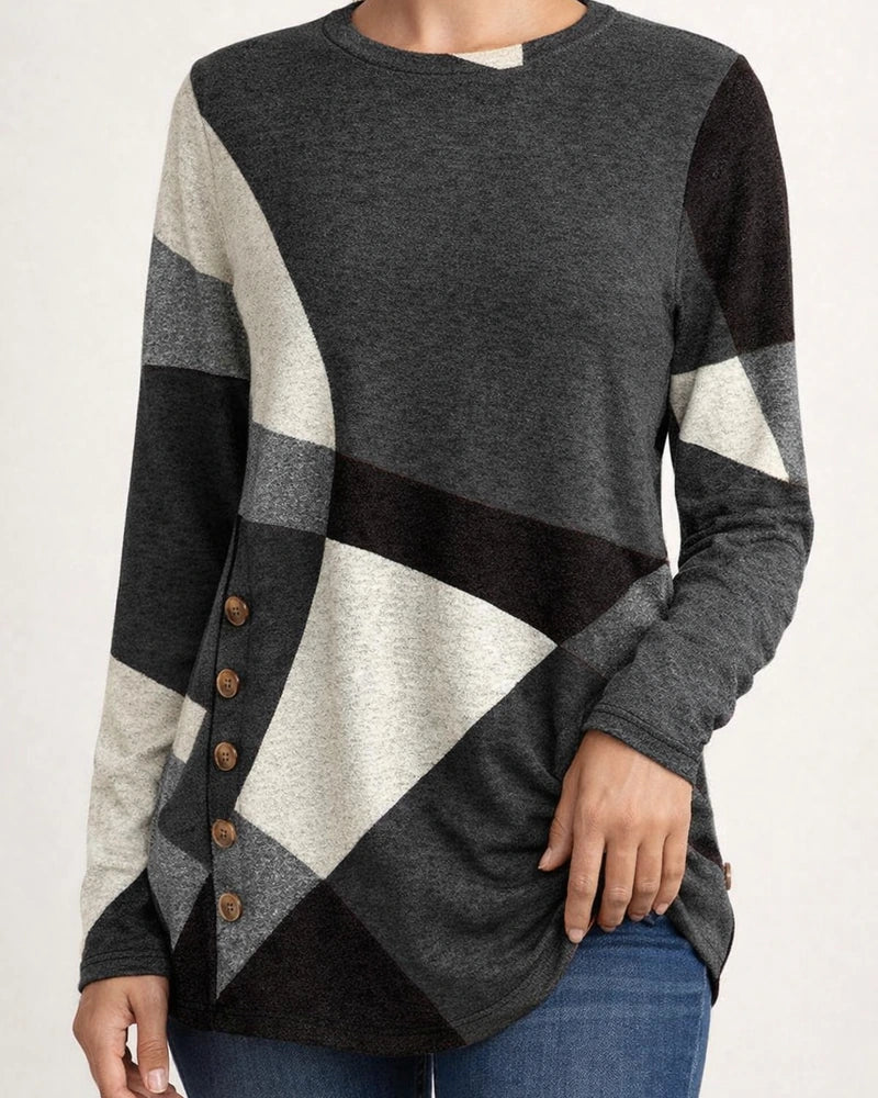 Women's Geometric Color-Block Long-Sleeve Printed Relaxed Button-Up T-Shirt | JRSEE:7e233678-7227-471e-880a-26d63a1bbfcd