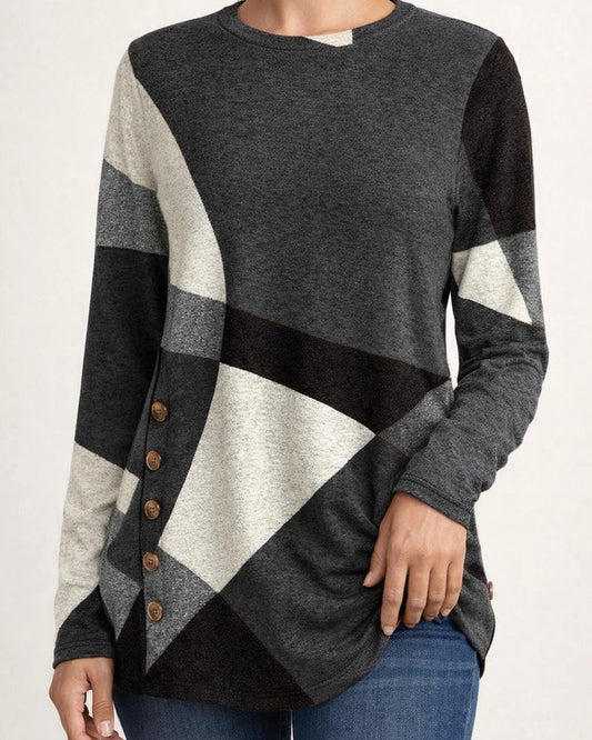 Women's Geometric Color-Block Long-Sleeve Printed Relaxed Button-Up T-Shirt | JRSEE:7e233678-7227-471e-880a-26d63a1bbfcd