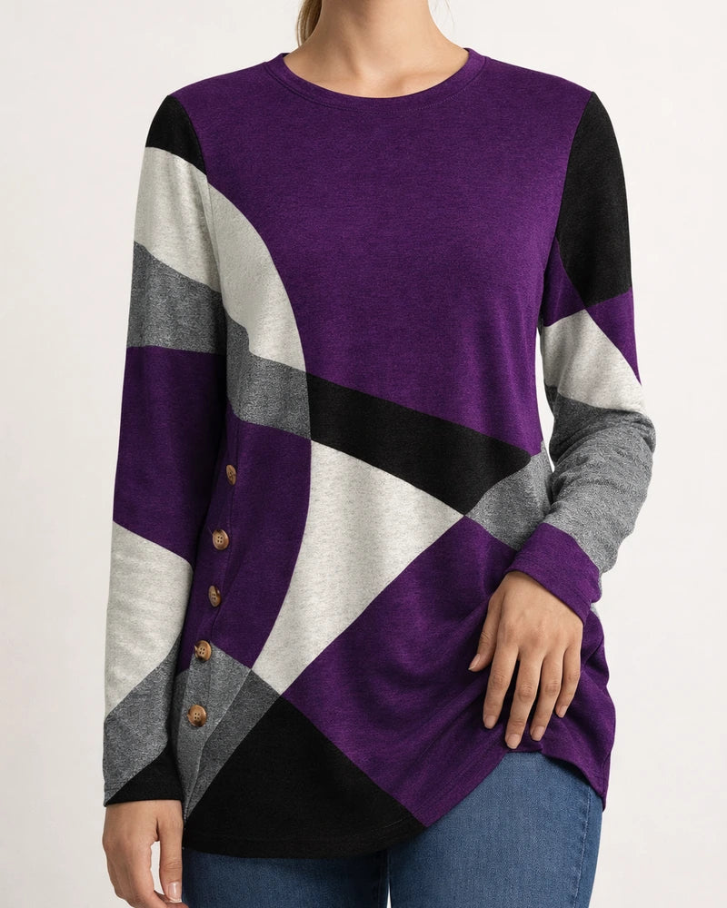 Women's Geometric Color-Block Long-Sleeve Printed Relaxed Button-Up T-Shirt | JRSEE:531cbfce-1a51-4ac2-acc7-231013252f91