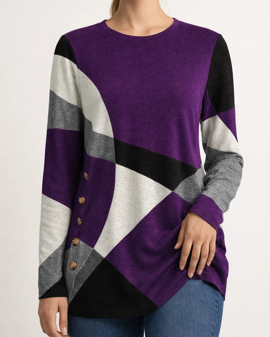 Women's Geometric Color-Block Long-Sleeve Printed Relaxed Button-Up T-Shirt | JRSEE:531cbfce-1a51-4ac2-acc7-231013252f91
