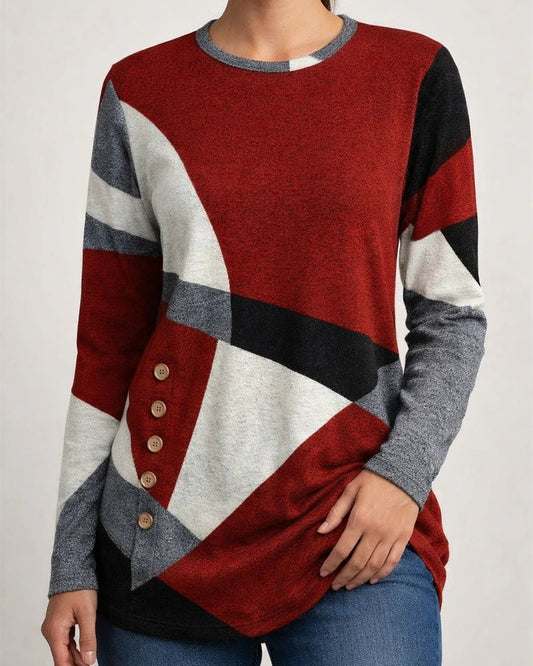 Women's Geometric Color-Block Long-Sleeve Printed Relaxed Button-Up T-Shirt | JRSEE:41e7db9a-0865-462c-8f1c-40c1ae47e4f0