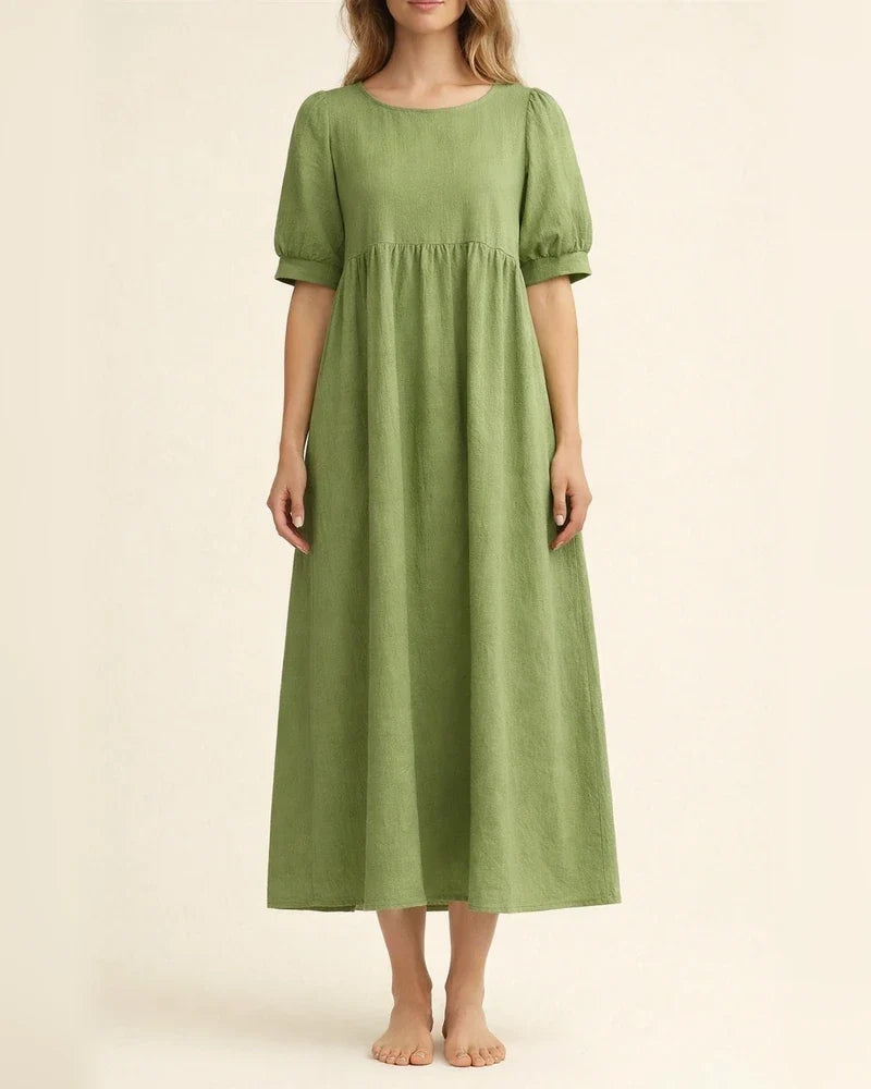 Women's High Waist Round Neck Solid Color Loose Waist Mid-length Skirt Cotton Linen Dress A-line Dress S,M,L,XL,XXL | JRSEE:165ea5a6-bf81-4ecb-a8c2-d941ce5246eb