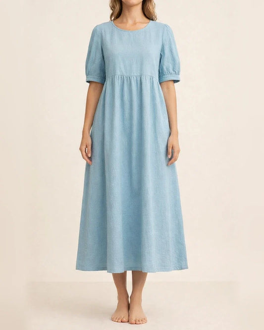 Women's High Waist Round Neck Solid Color Loose Waist Mid-length Skirt Cotton Linen Dress A-line Dress S,M,L,XL,XXL | JRSEE:f5ead509-cd7a-469f-a5b6-583793e68a55