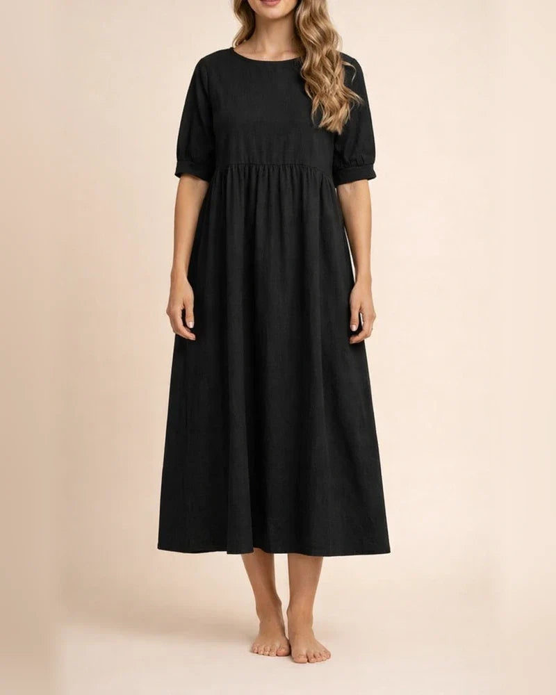 Women's High Waist Round Neck Solid Color Loose Waist Mid-length Skirt Cotton Linen Dress A-line Dress S,M,L,XL,XXL | JRSEE:d98a7857-48e6-48ee-83e6-db2233b1e3f2