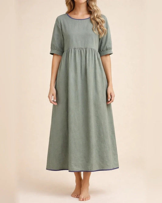 Women's High Waist Round Neck Solid Color Loose Waist Mid-length Skirt Cotton Linen Dress A-line Dress S,M,L,XL,XXL | JRSEE:e83d6e04-43bc-43fa-b593-823d526c3b32