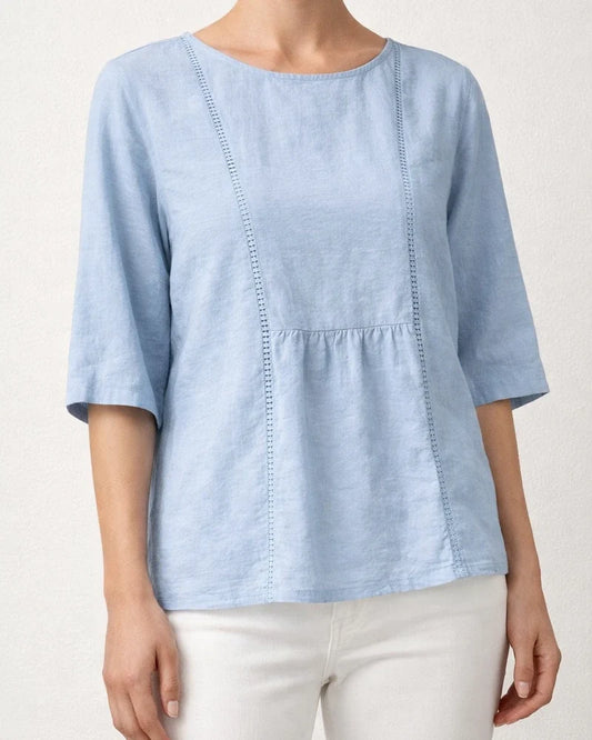 Women's Lace-Trimmed Openwork Cotton-Linen Casual Solid-Color Mid-Sleeve Blouse | JRSEE:f97be945-d786-4d9b-a4fb-a4850cdeb0c2