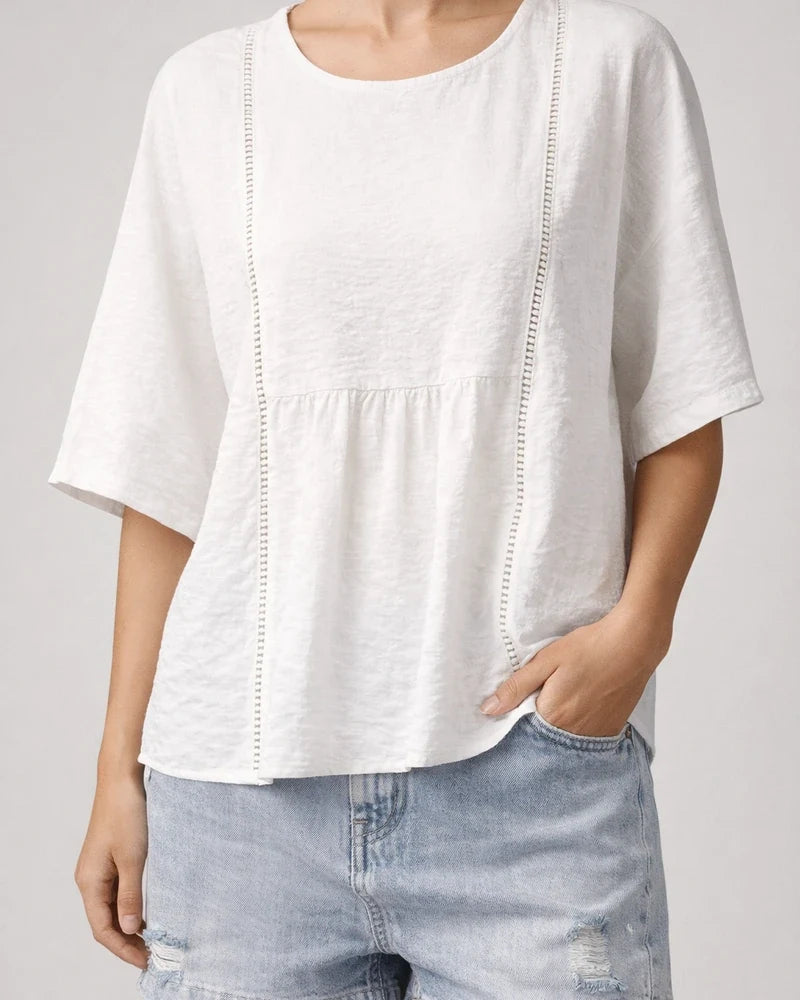 Women's Lace-Trimmed Openwork Cotton-Linen Casual Solid-Color Mid-Sleeve Blouse | JRSEE:7e0f8916-2c5a-47db-af2d-acfdd90a75bf