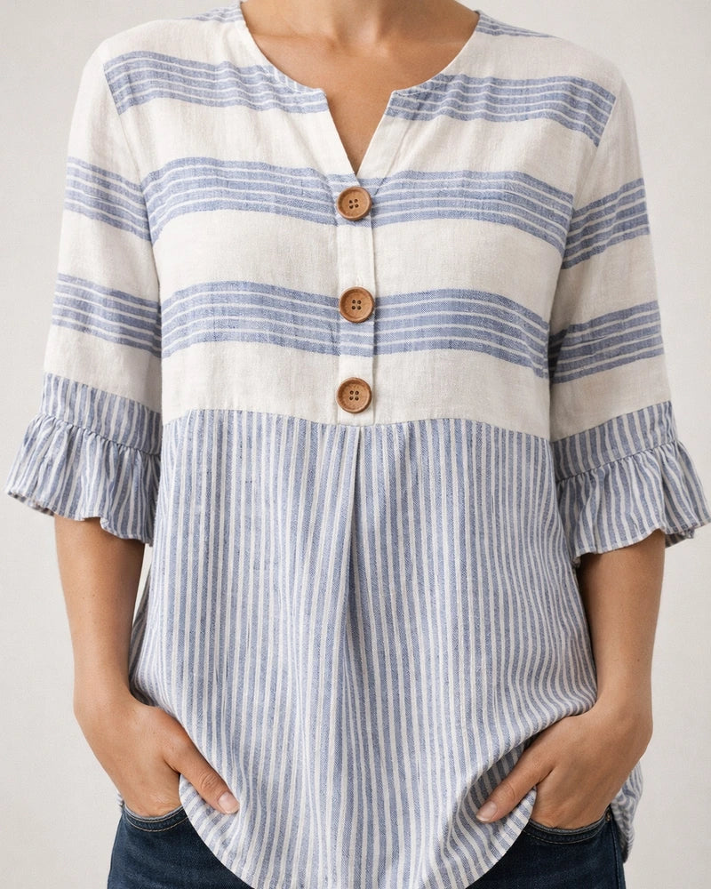 Women's Lace-Trimmed Short-Sleeve Casual Loose-Fit Striped Shirt | JRSEE:6ff60439-ca75-4390-bd67-262e8e4914b0