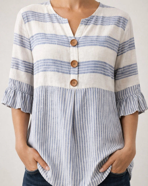 Women's Lace-Trimmed Short-Sleeve Casual Loose-Fit Striped Shirt | JRSEE:6ff60439-ca75-4390-bd67-262e8e4914b0