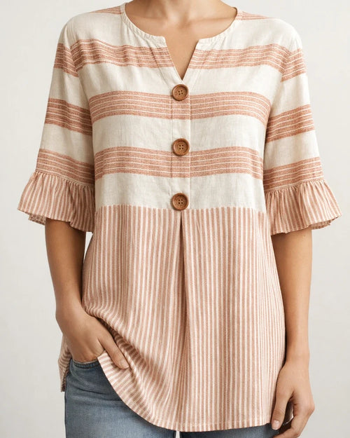 Women's Lace-Trimmed Short-Sleeve Casual Loose-Fit Striped Shirt | JRSEE:bd028bf8-2aa7-4510-b657-da8307b48b81