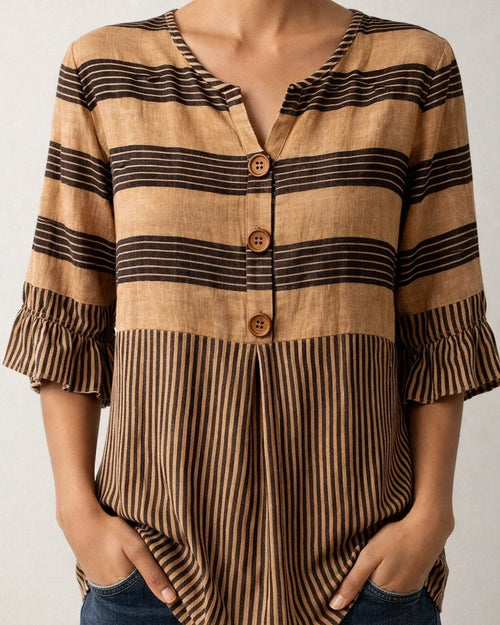 Women's Lace-Trimmed Short-Sleeve Casual Loose-Fit Striped Shirt | JRSEE:9687577f-5d2d-460b-824d-6b76c7c8687f