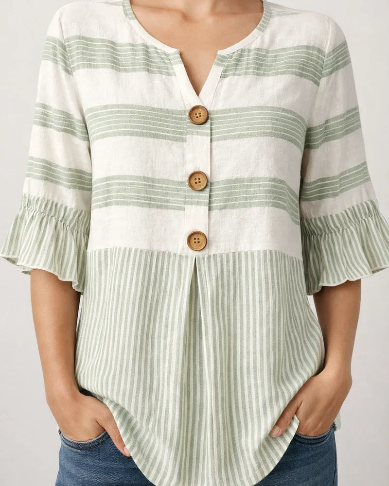Women's Lace-Trimmed Short-Sleeve Casual Loose-Fit Striped Shirt | JRSEE:c8cbb3c5-e6e7-4047-921d-72a916d1ae7d