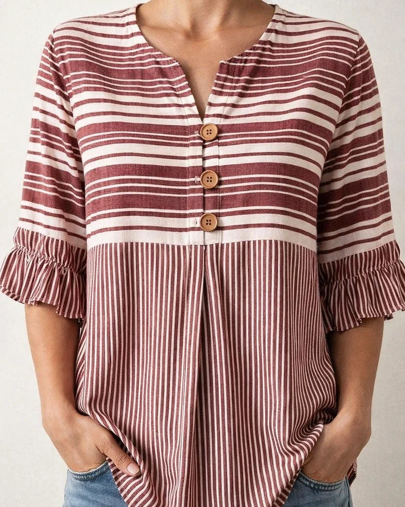 Women's Lace-Trimmed Short-Sleeve Casual Loose-Fit Striped Shirt | JRSEE:2a811ff0-45af-4d03-8092-4b20742716cf