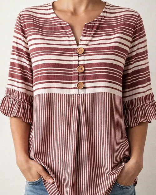 Women's Lace-Trimmed Short-Sleeve Casual Loose-Fit Striped Shirt | JRSEE:2a811ff0-45af-4d03-8092-4b20742716cf