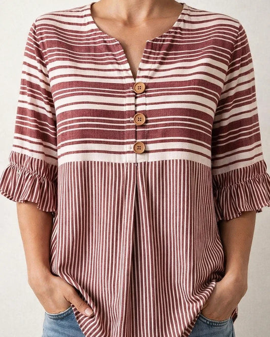 Women's Lace-Trimmed Short-Sleeve Casual Loose-Fit Striped Shirt | JRSEE:2a811ff0-45af-4d03-8092-4b20742716cf