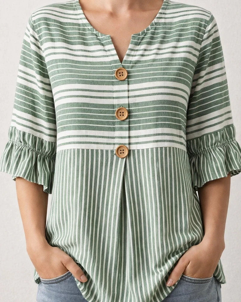 Women's Lace-Trimmed Short-Sleeve Casual Loose-Fit Striped Shirt | JRSEE:706db770-b4f5-4fbb-ad8d-0f6715957d5d