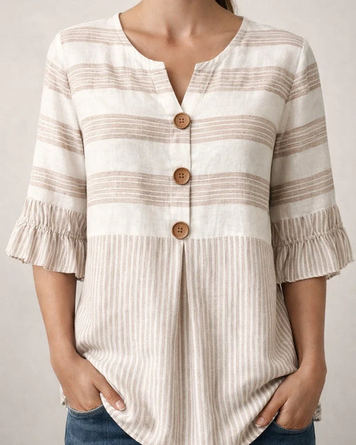 Women's Lace-Trimmed Short-Sleeve Casual Loose-Fit Striped Shirt | JRSEE:d4919ba6-3543-4ca7-8a32-4702b0f902b5
