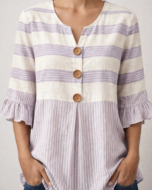 Women's Lace-Trimmed Short-Sleeve Casual Loose-Fit Striped Shirt | JRSEE:3b5b5a5d-90c2-469d-9a37-29ad243c6269