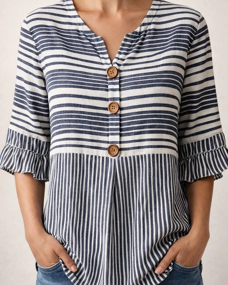 Women's Lace-Trimmed Short-Sleeve Casual Loose-Fit Striped Shirt | JRSEE:8f361a8b-cadd-4900-ab20-3820811c1374